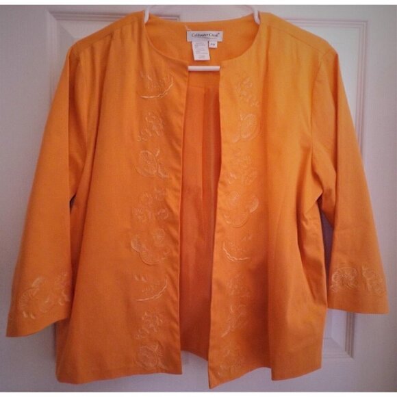 Coldwater Creek PM Orange Round Neck Open Front 3/4 Sleeve Embroidered Blazer - Picture 1 of 9
